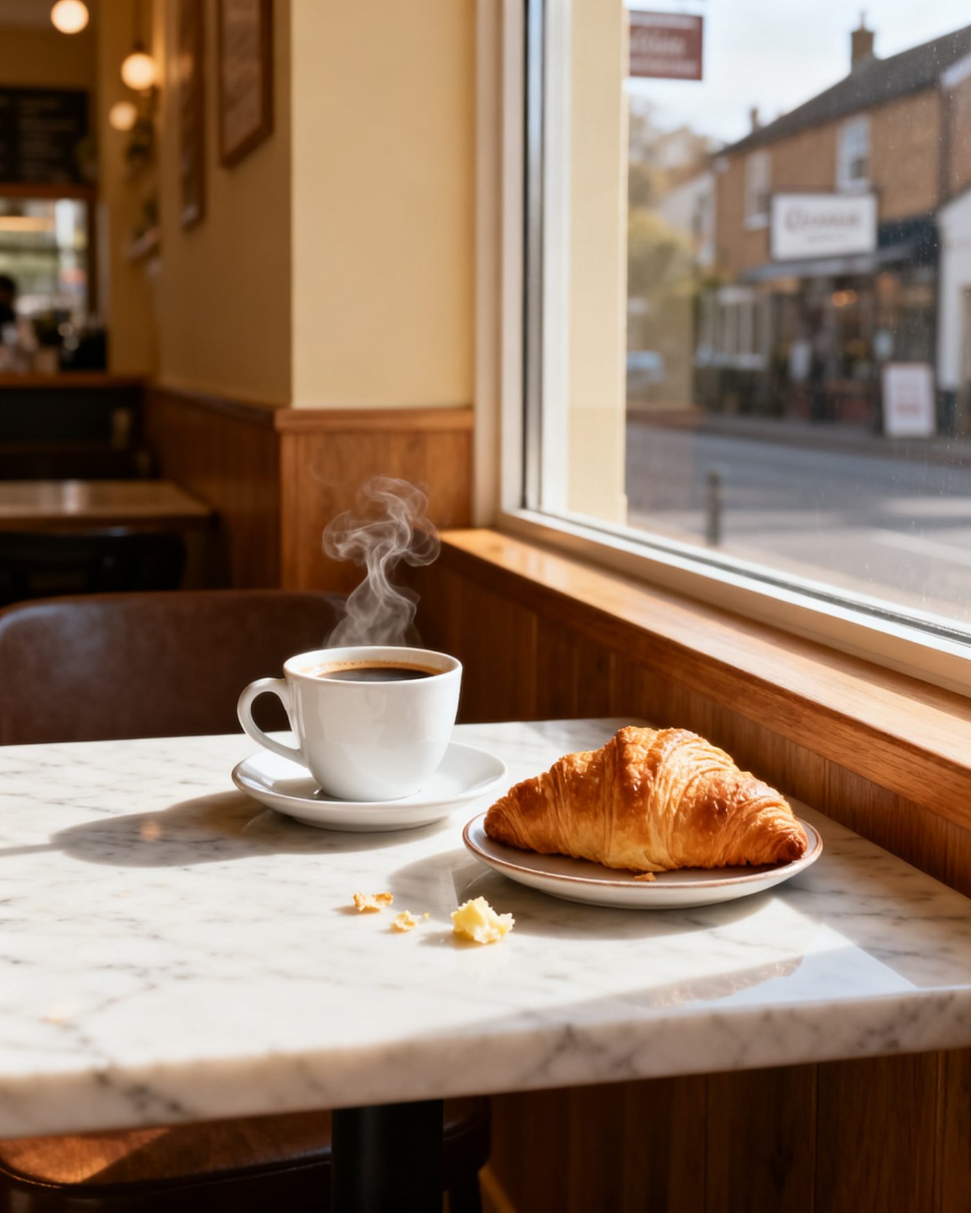 A cup of coffee and a croissant on a marble café table by a sunny window